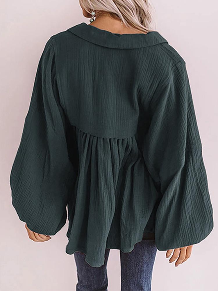 Lapel  V-neck Lantern Sleeve Pleated Blouse