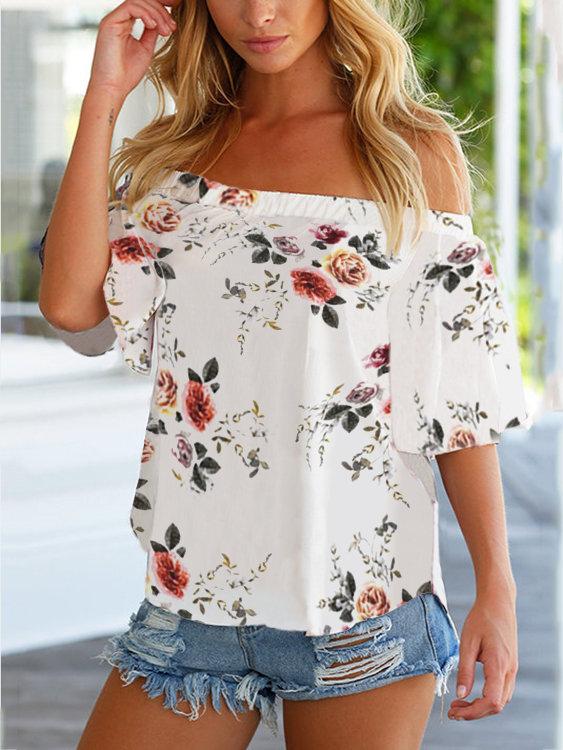 Floral Off Shoulder Blouse Irregular Hem - Landing Closet