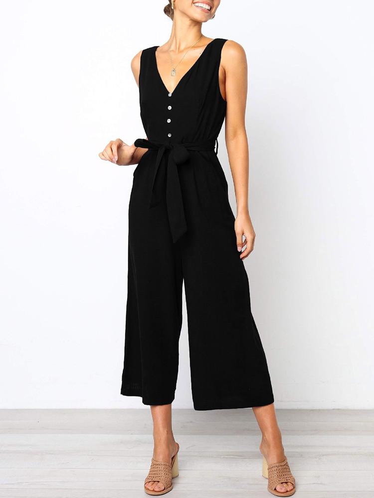 V-neck Solid Color Wide Leg Jumpsuit