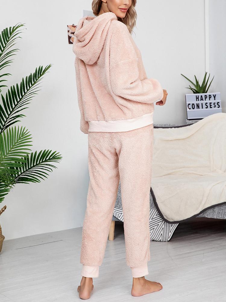 Plush Drawstring Homewear Pocket Hoodie Two-piece