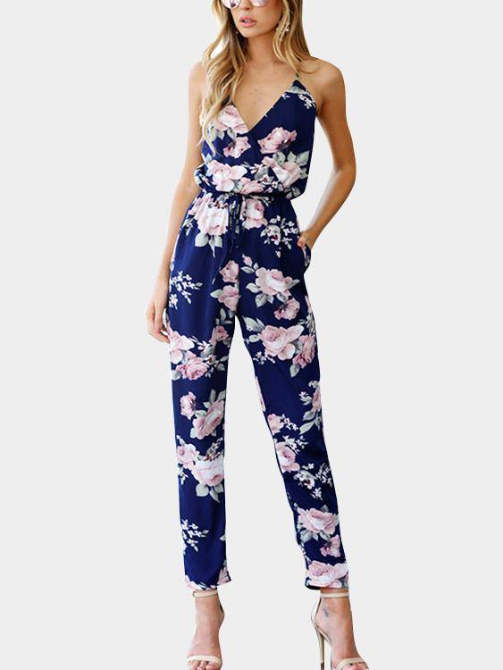 Cross Front V-neck Random Floral Print Jumpsuit - Landing Closet