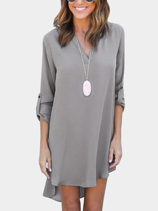 Grey V-neck Long Sleeves Irregular hem Chiffon Dress - Landing Closet