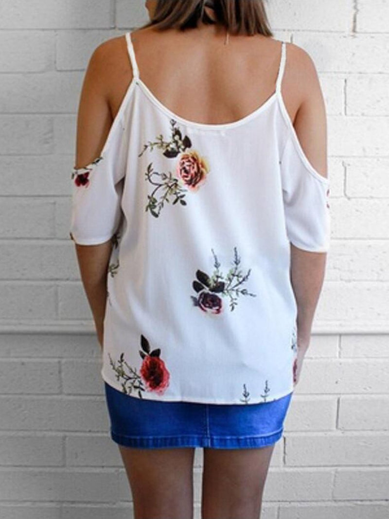 Cold Shoulder Straps Short Sleeves Floral T-shirt Top - Landing Closet