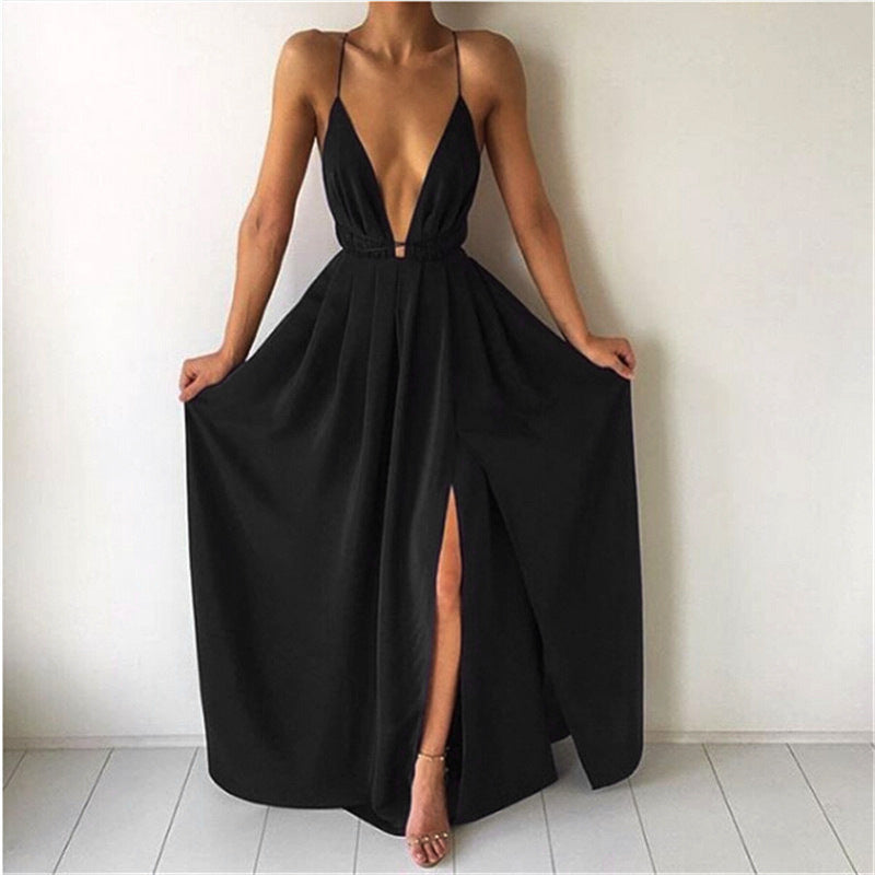 Deep V Neck Side Split Spaghetti Strap Maxi Dress