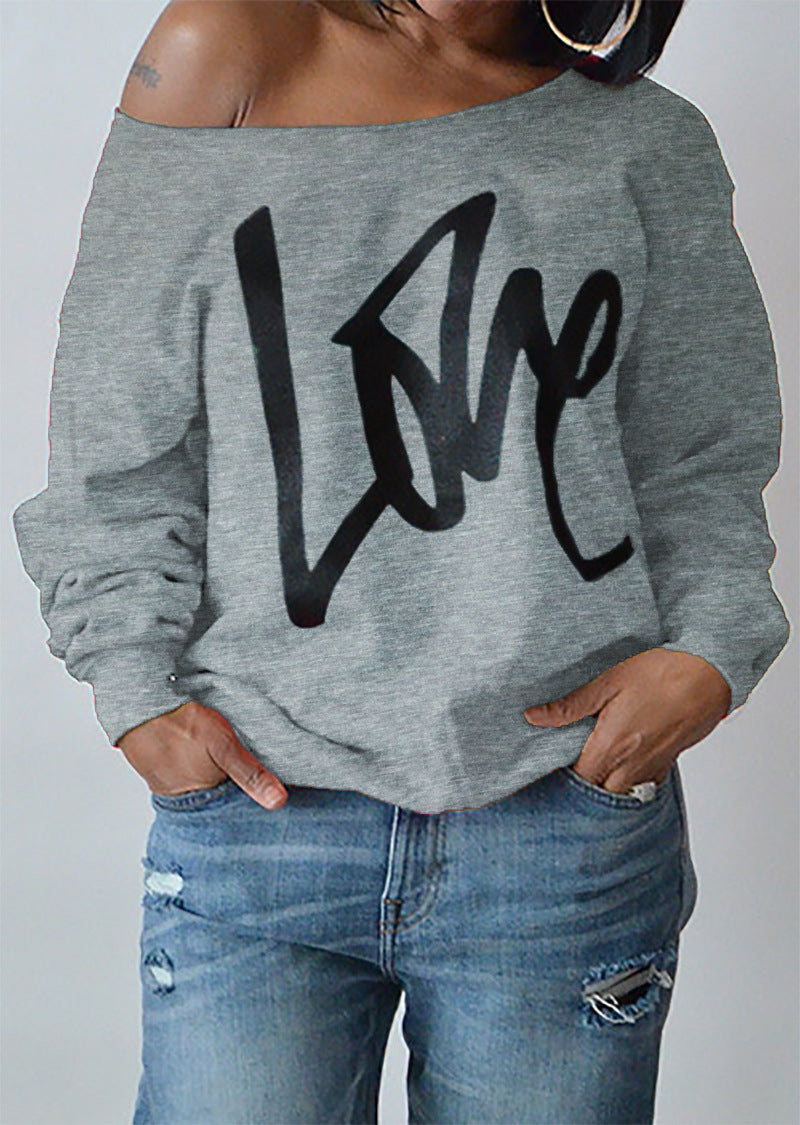 Off Shoulder Love Printed Sweatshirt