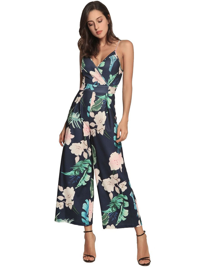 Straps Deep V-neck Backless Stripes Floral Loose Jumpsuit