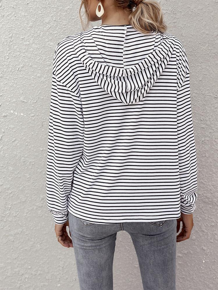 Striped Pocket Drawstring Loose Hoodie