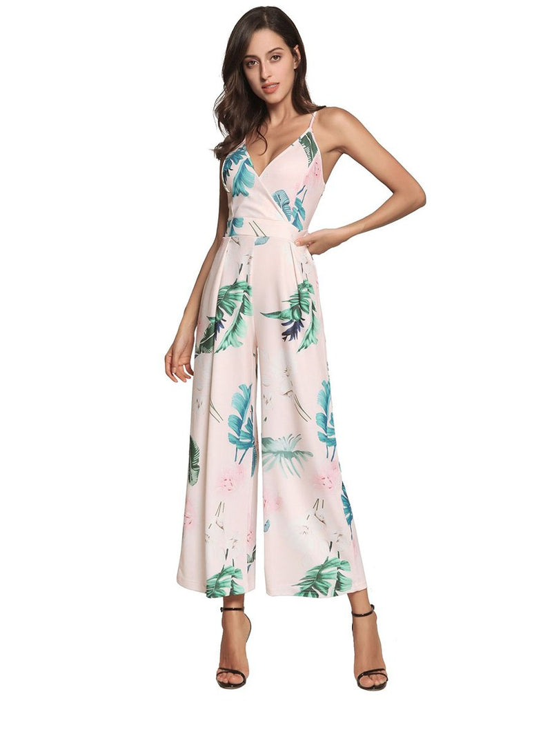 Straps Deep V-neck Backless Stripes Floral Loose Jumpsuit