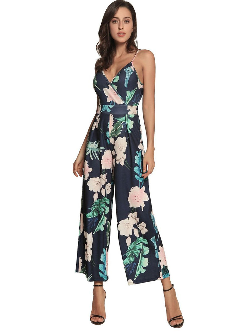 Straps Deep V-neck Backless Stripes Floral Loose Jumpsuit