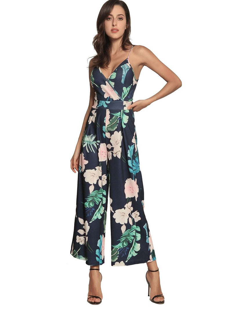 Straps Deep V-neck Backless Stripes Floral Loose Jumpsuit