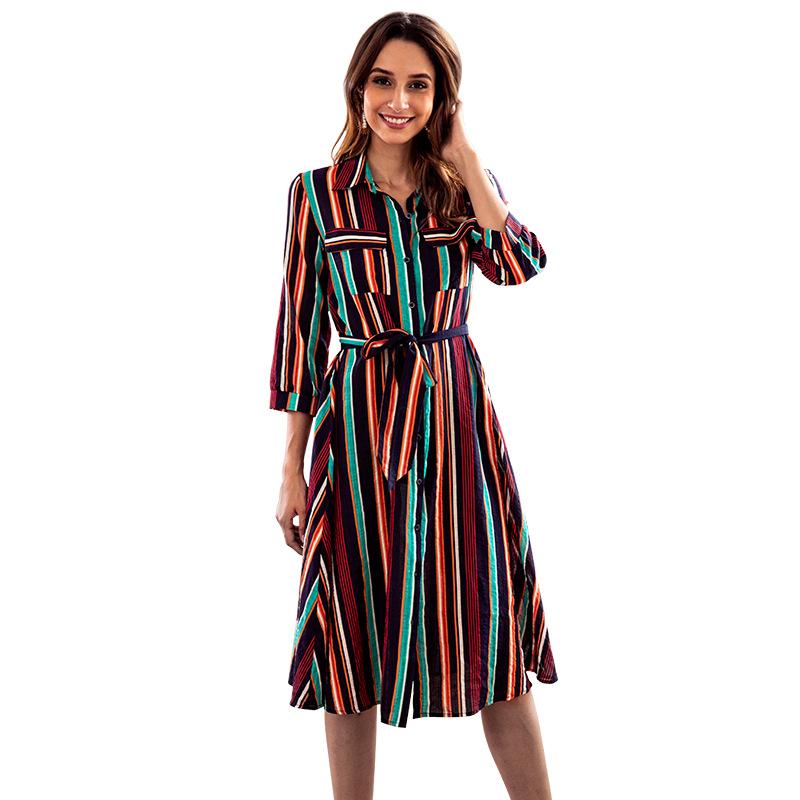 Blue Colorful Striped Print Crew Neck Dress - Landing Closet