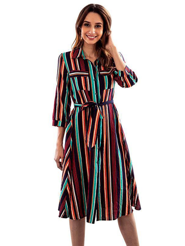 Blue Colorful Striped Print Crew Neck Dress - Landing Closet