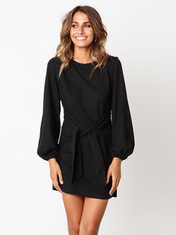 Long Sleeves Round Neck Waist Wrap Mini Dress