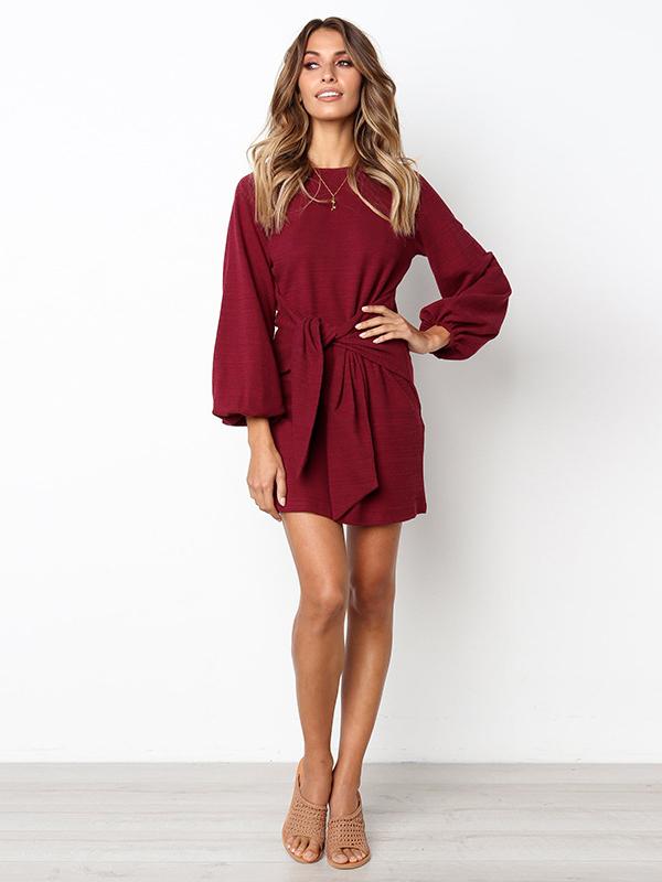 Long Sleeves Round Neck Waist Wrap Mini Dress