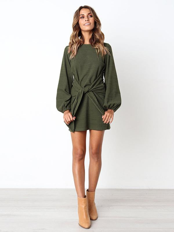 Long Sleeves Round Neck Waist Wrap Mini Dress