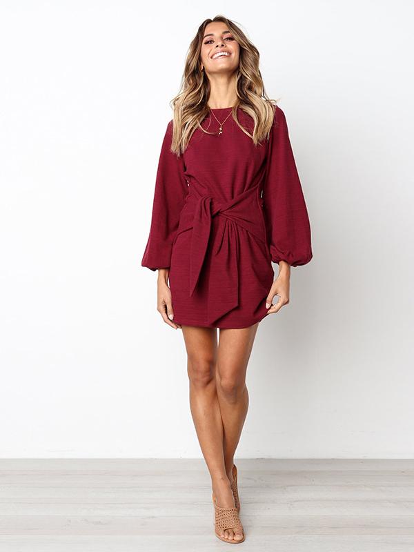 Long Sleeves Round Neck Waist Wrap Mini Dress