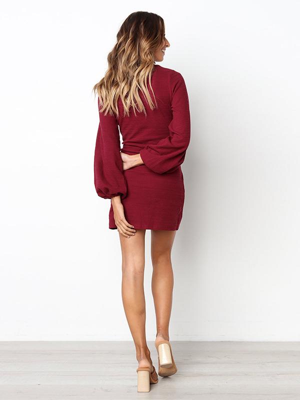 Long Sleeves Round Neck Waist Wrap Mini Dress