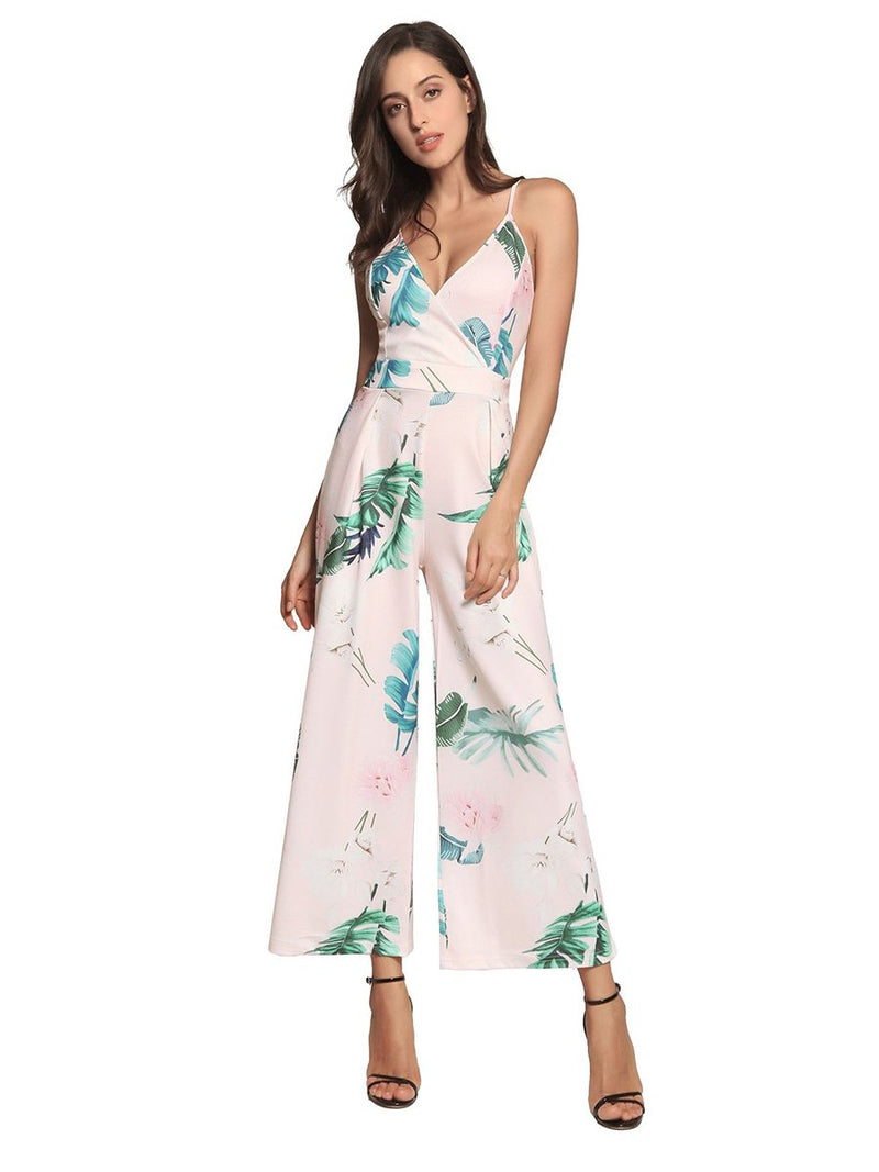 Straps Deep V-neck Backless Stripes Floral Loose Jumpsuit