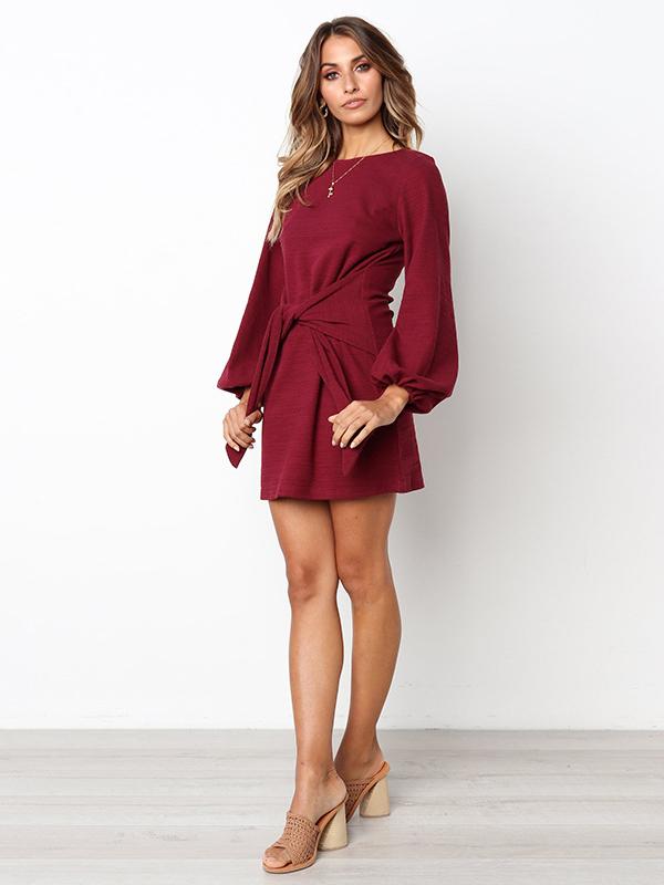 Long Sleeves Round Neck Waist Wrap Mini Dress