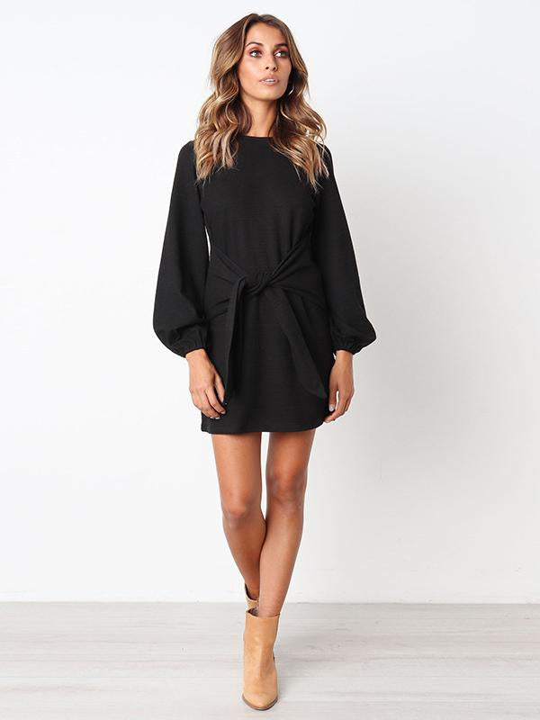 Long Sleeves Round Neck Waist Wrap Mini Dress