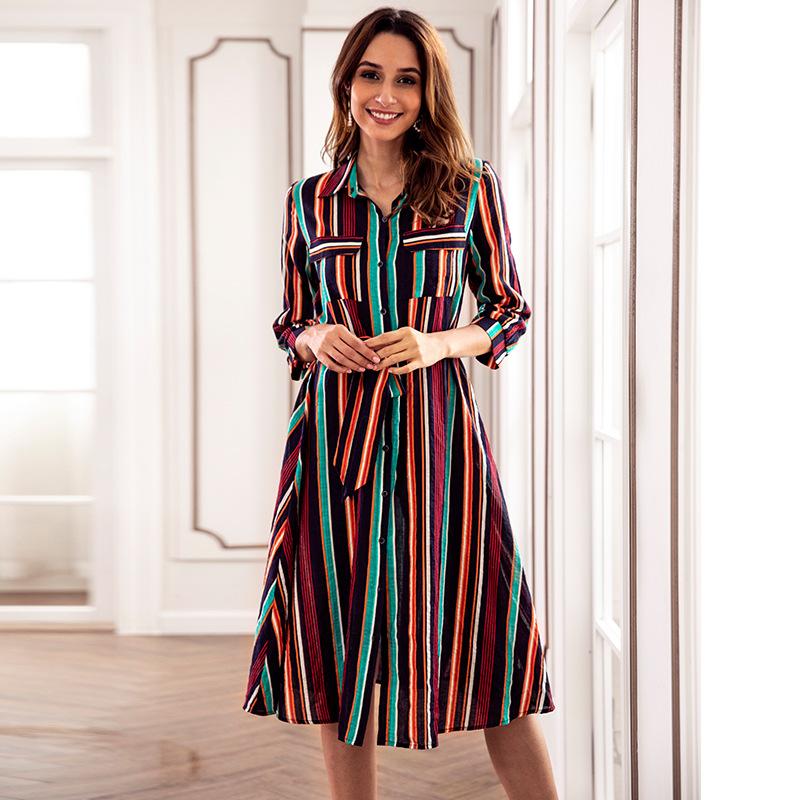 Blue Colorful Striped Print Crew Neck Dress - Landing Closet