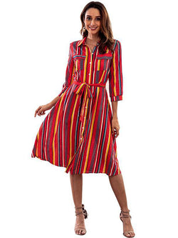 Colorful Striped Print Crew Neck Dress - Landing Closet