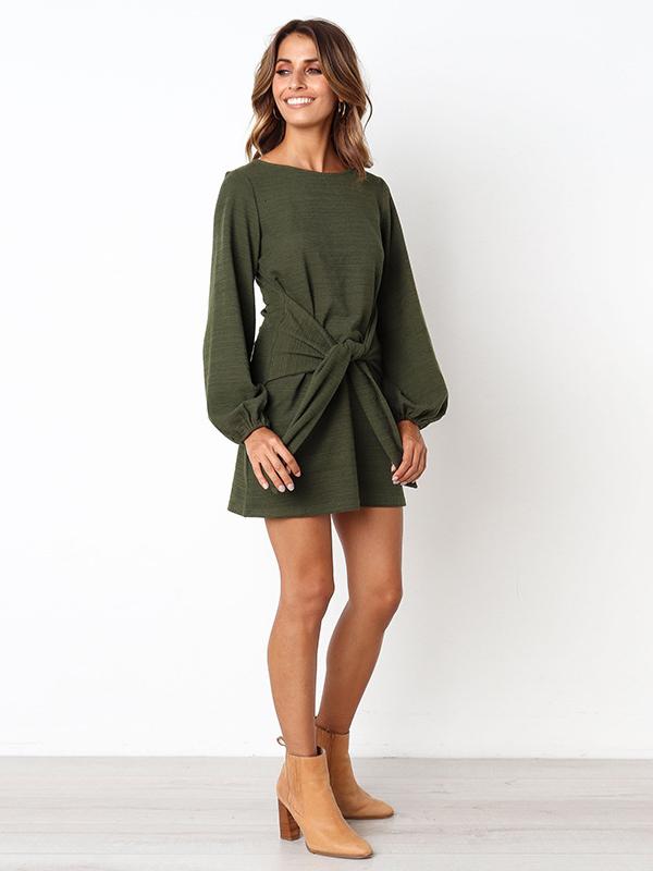 Long Sleeves Round Neck Waist Wrap Mini Dress