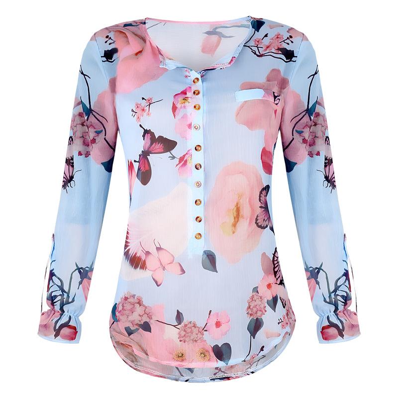 Floral Breeze V-neck Buttons Long Sleeves Shirt Top