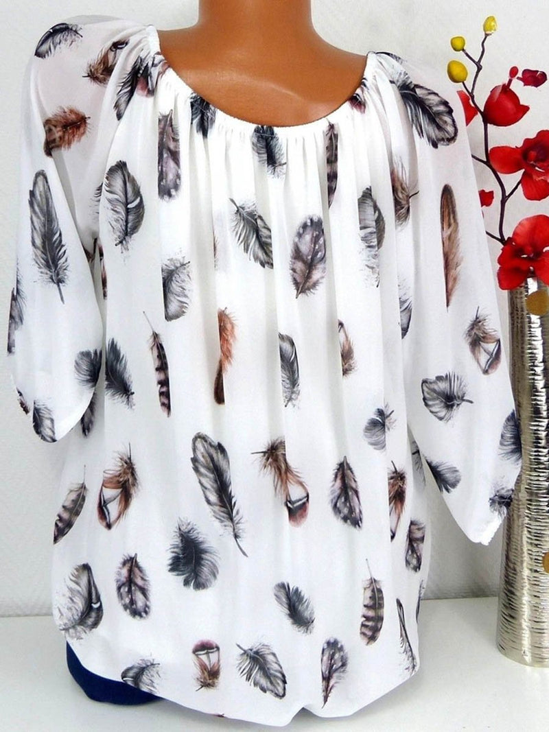 Feathers Printed V-neck Loose Fit T-shirt Top