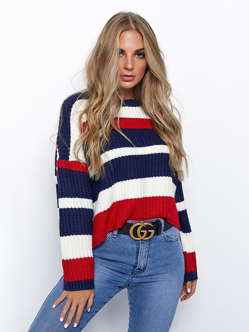 Round Neck Long Sleeve Stitching Sweater