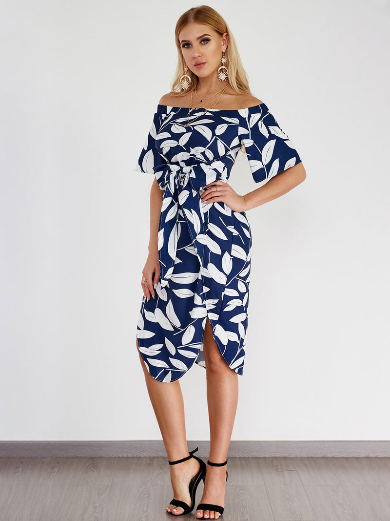 Random Floral Print Off Shoulder Splited Dress - Landing Closet