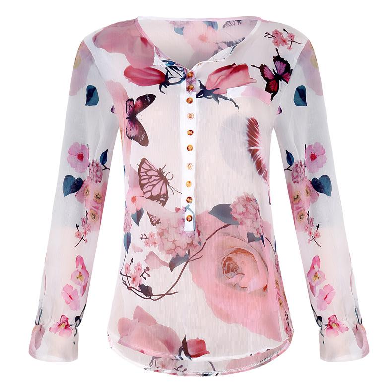 Floral Breeze V-neck Buttons Long Sleeves Shirt Top