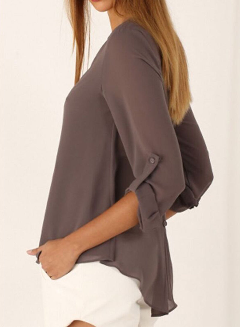 V Neck Long Sleeve Solid Irregular Blouse