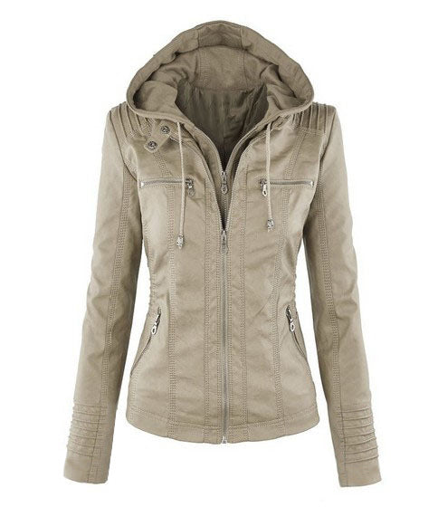 Casual Stand Collar Detachable Hood PU Leather Jacket