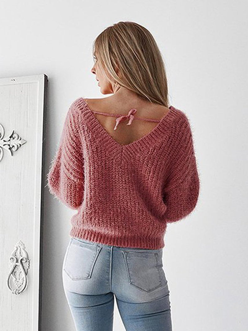 V-neck Backless Long Sleeve Sweater