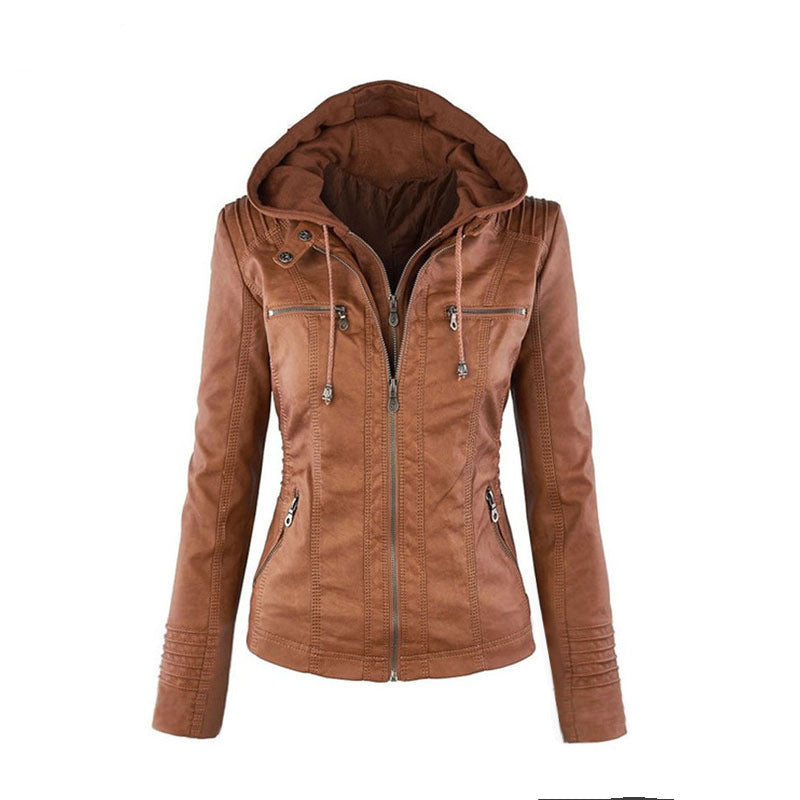 Casual Stand Collar Detachable Hood PU Leather Jacket