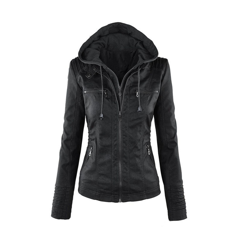 Casual Stand Collar Detachable Hood PU Leather Jacket