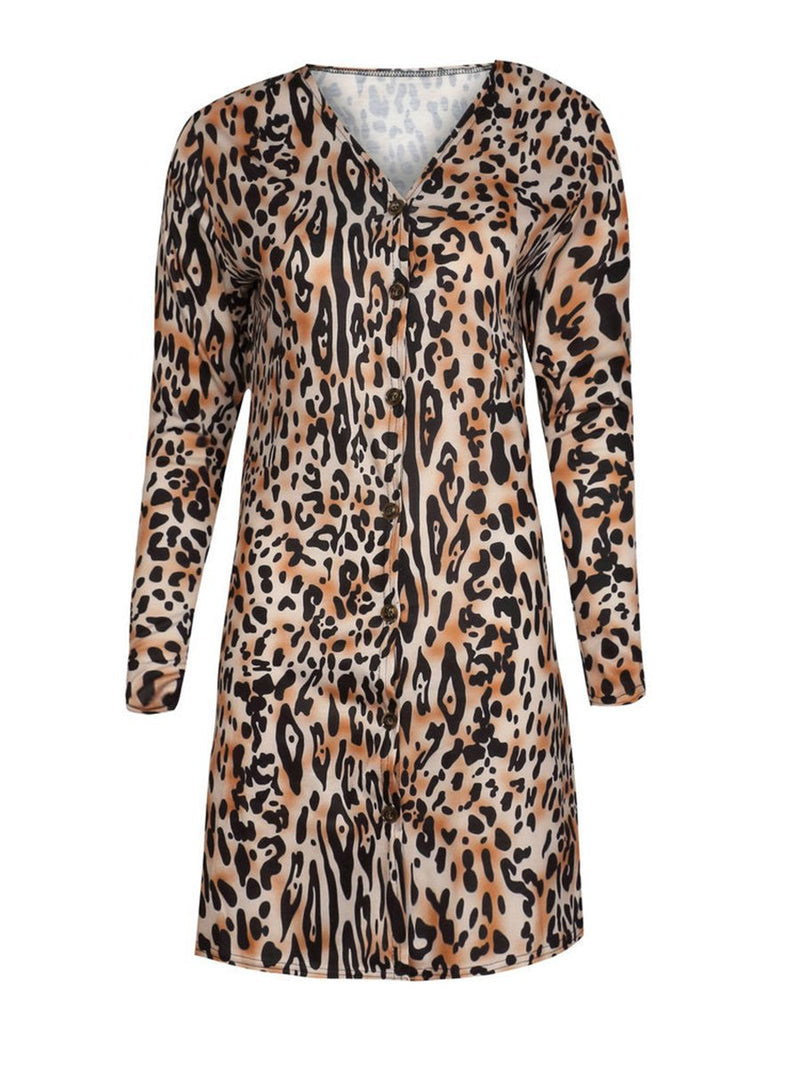 V-neck Long Sleeves Leopard Printed Button Blouse Top