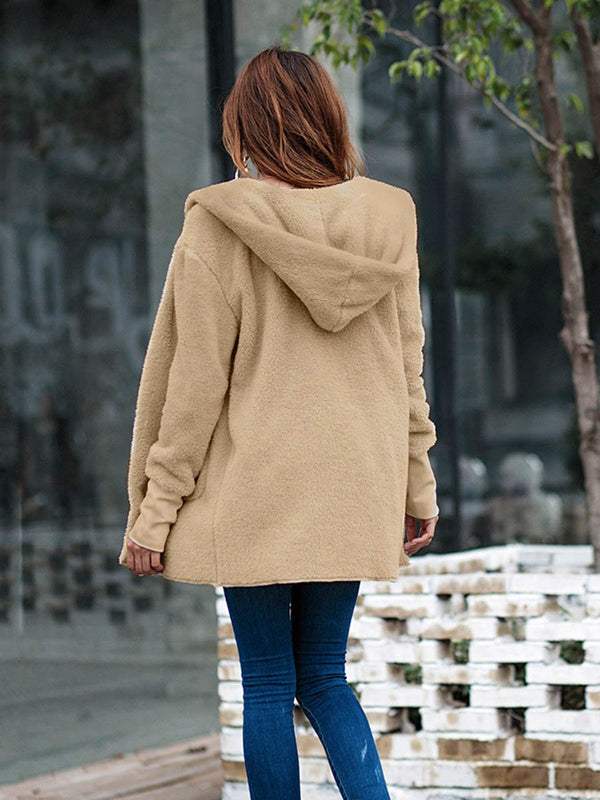 Plain Plush Pocketed Hooded Coat