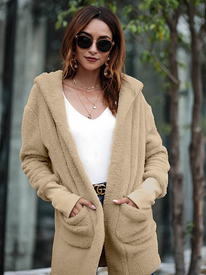 Plain Plush Pocketed Hooded Coat