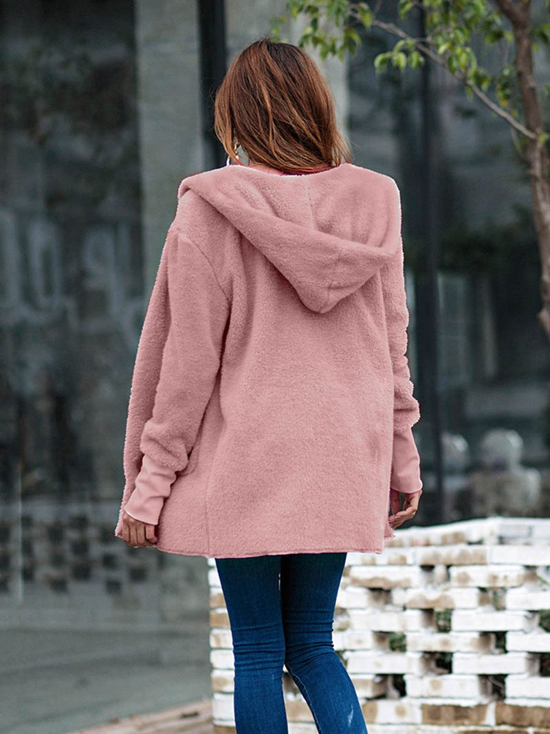 Plain Plush Pocketed Hooded Coat