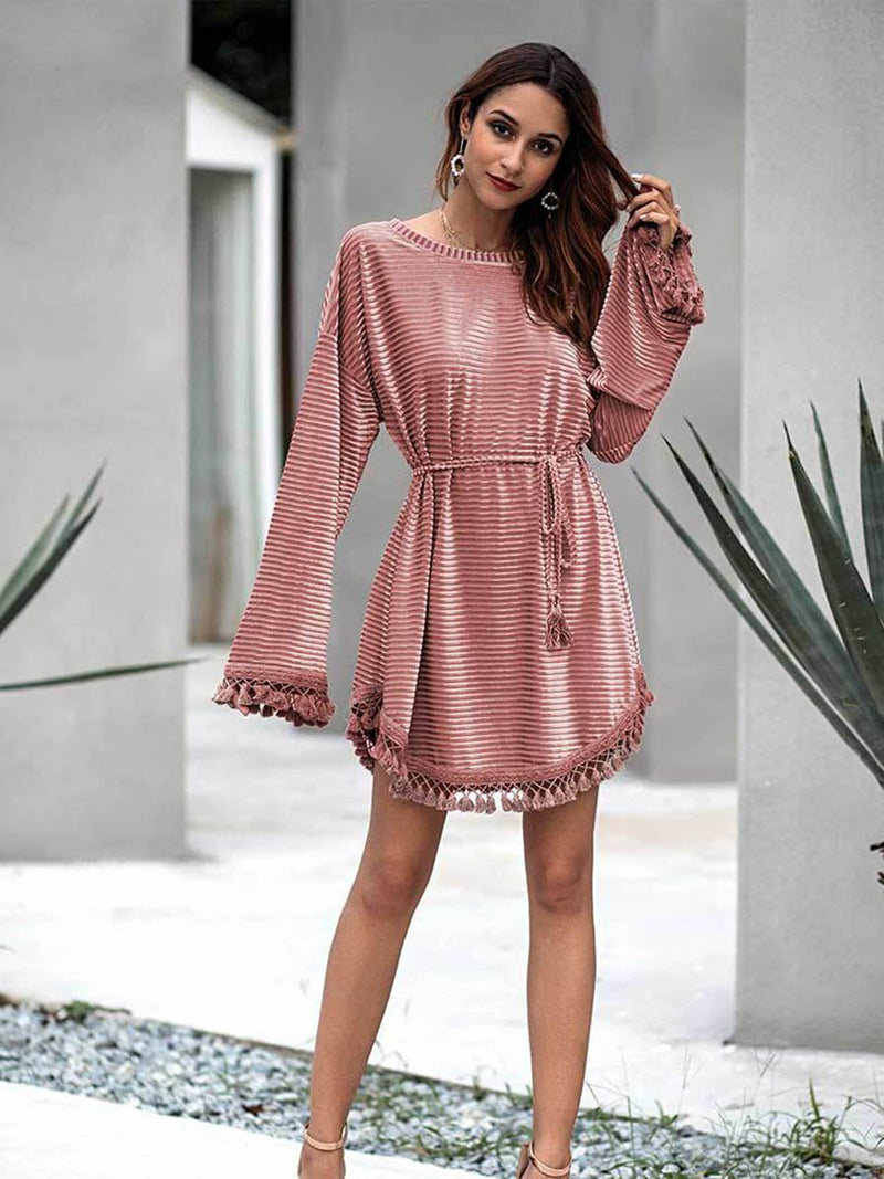 Tassel Round Neck Plain Mini Dress