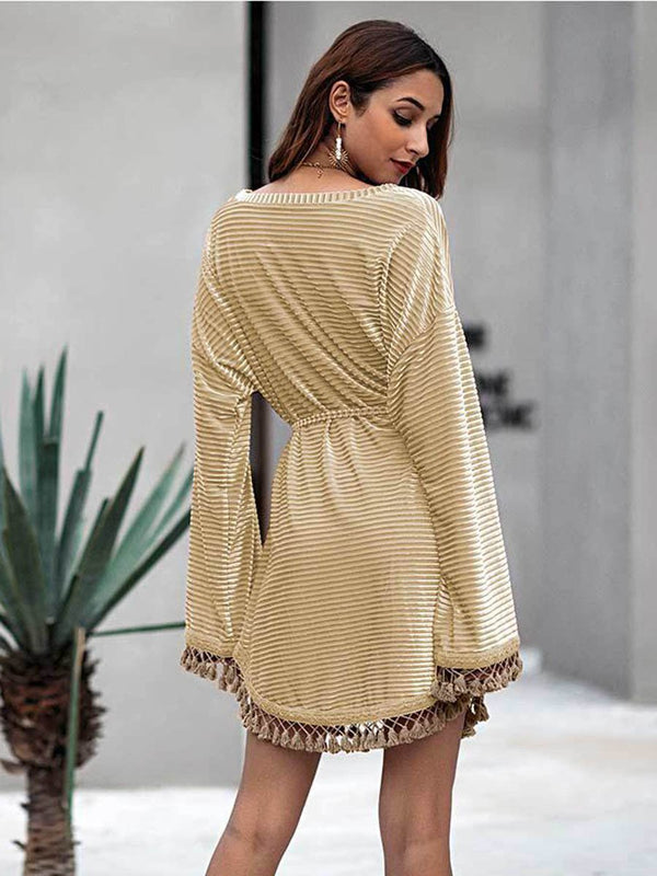 Tassel Round Neck Plain Mini Dress