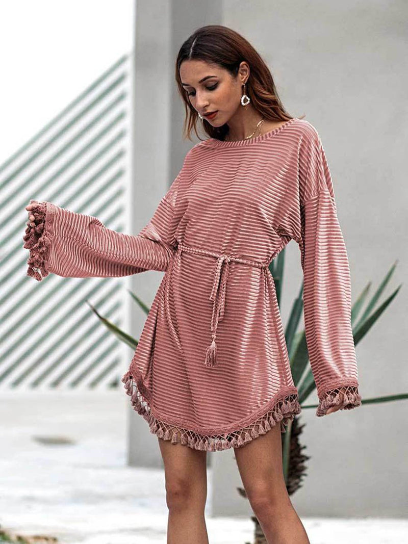 Tassel Round Neck Plain Mini Dress