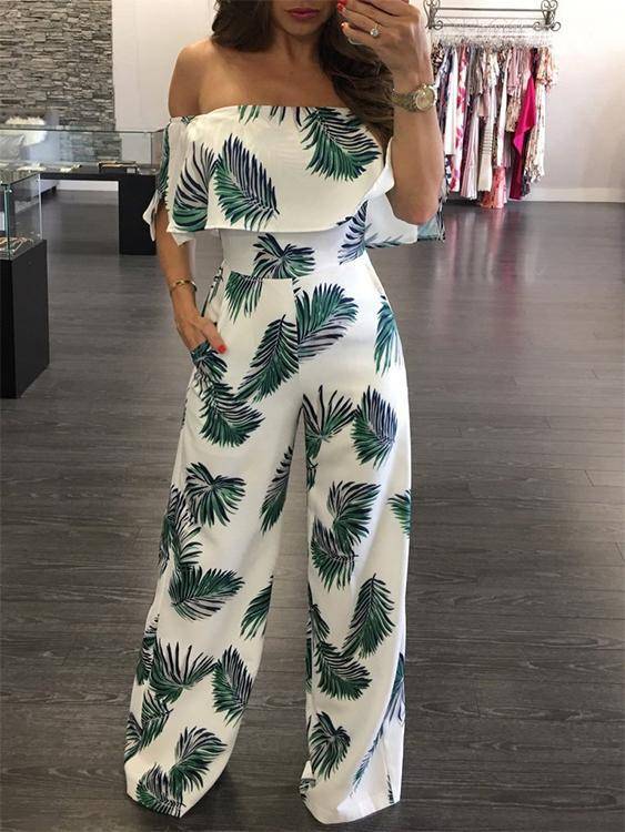 Random Floral Print Off Shoulder Tiered Jumpsuit - Landing Closet