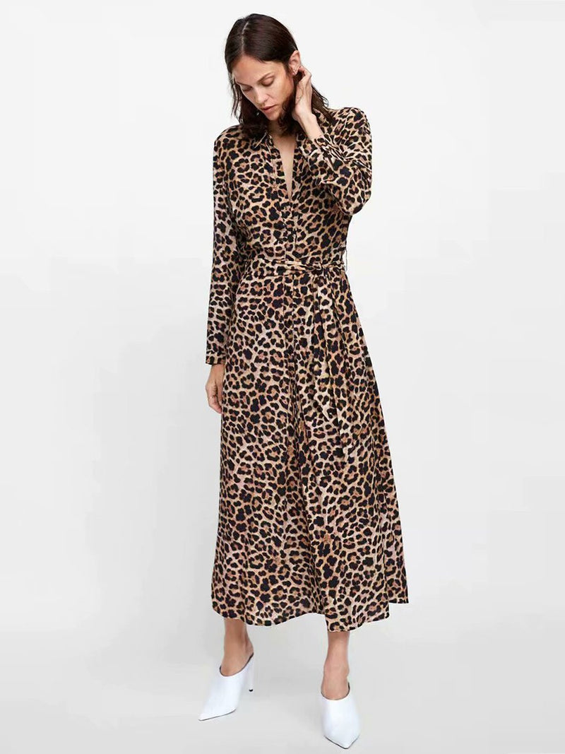 Leopard Printed Long Sleeves Maxi Dress