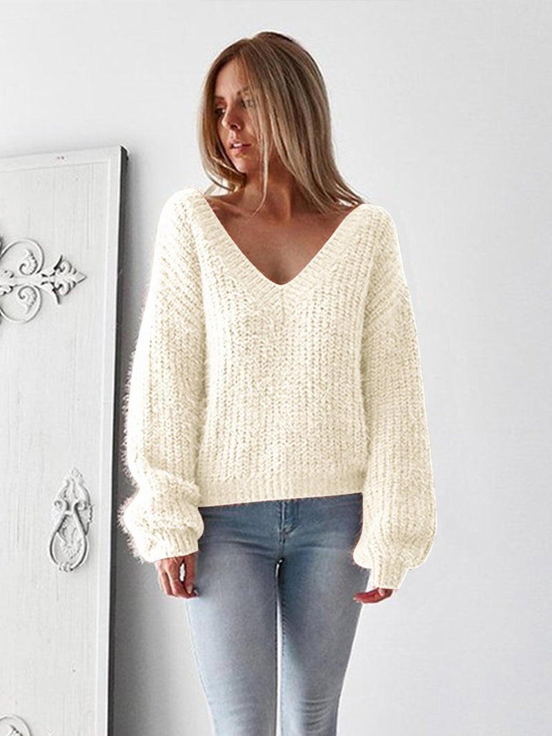 V-neck Backless Long Sleeve Sweater