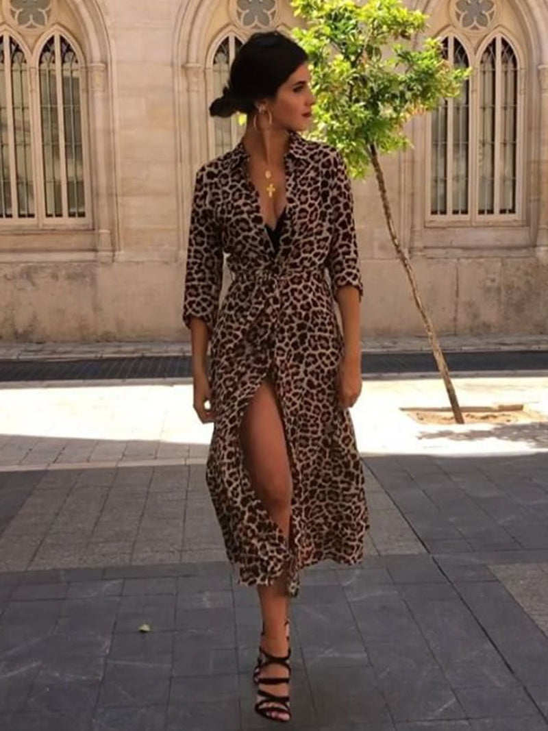 Leopard Printed Long Sleeves Maxi Dress