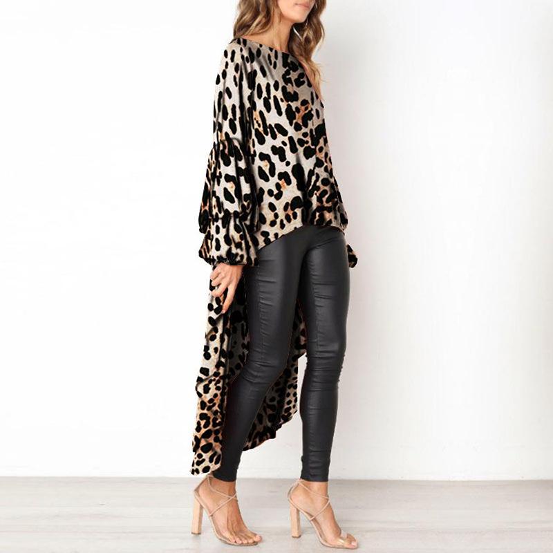 Leopard Printed Long Sleeves Irregular Hem Top T-shirt