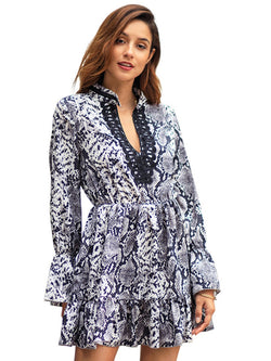 Deep V-neck Leopard Printed Long Sleeves Mini Dress - Landing Closet